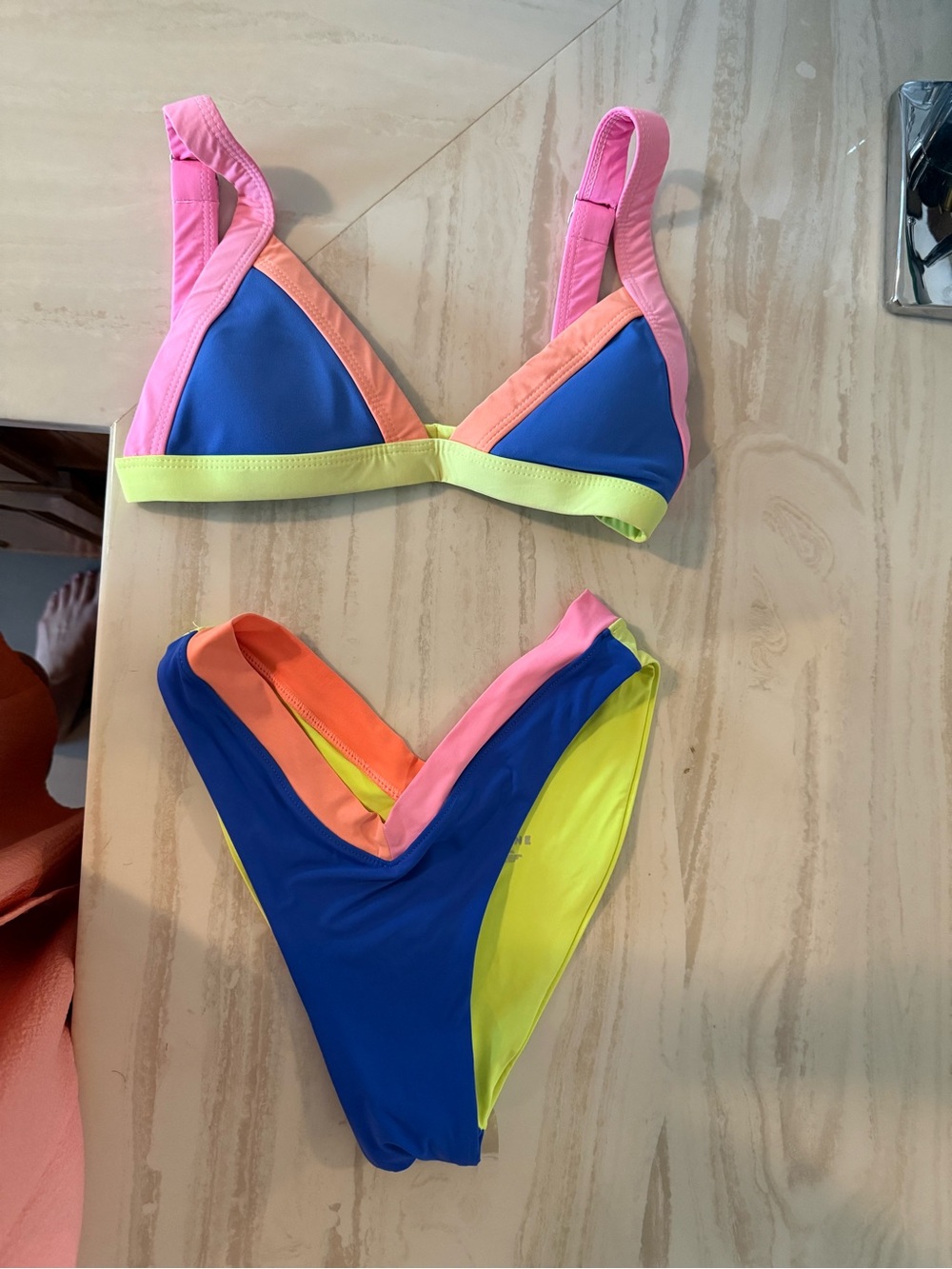 ONEONE Colorblock Triangle Bikini - Blue with Pink, Orange & Neon Yellow XS